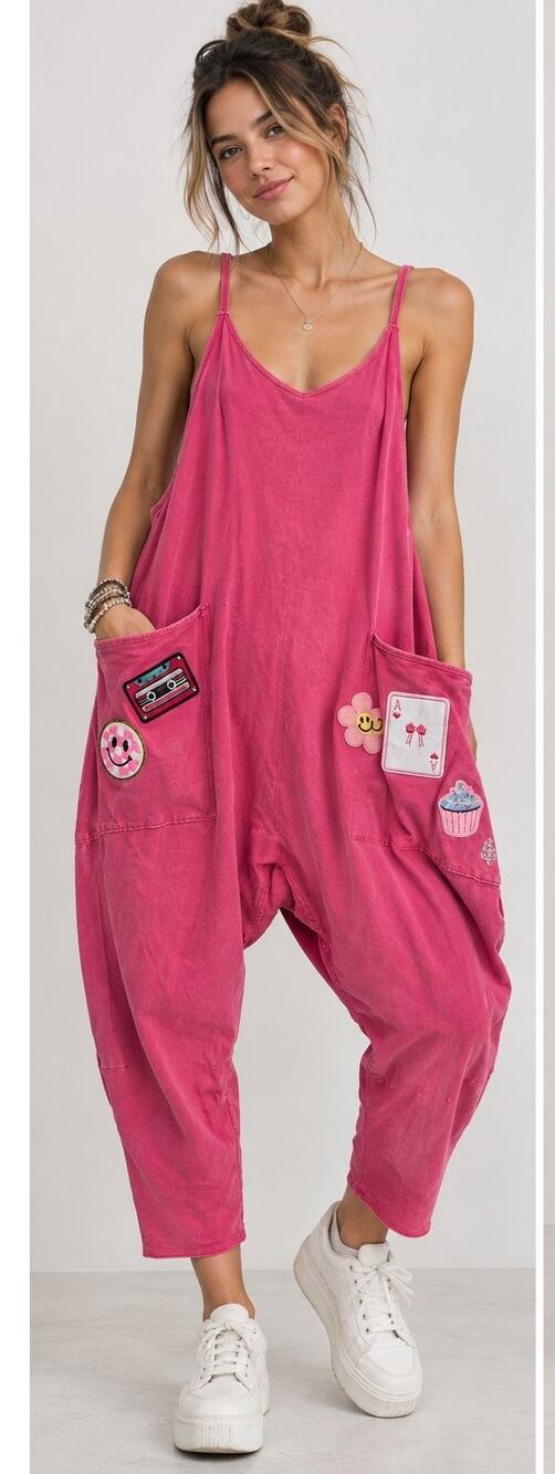 FP Movement Free People Hot Shot Onesie Pink Patch Embroidered Jumpsuit S Harem